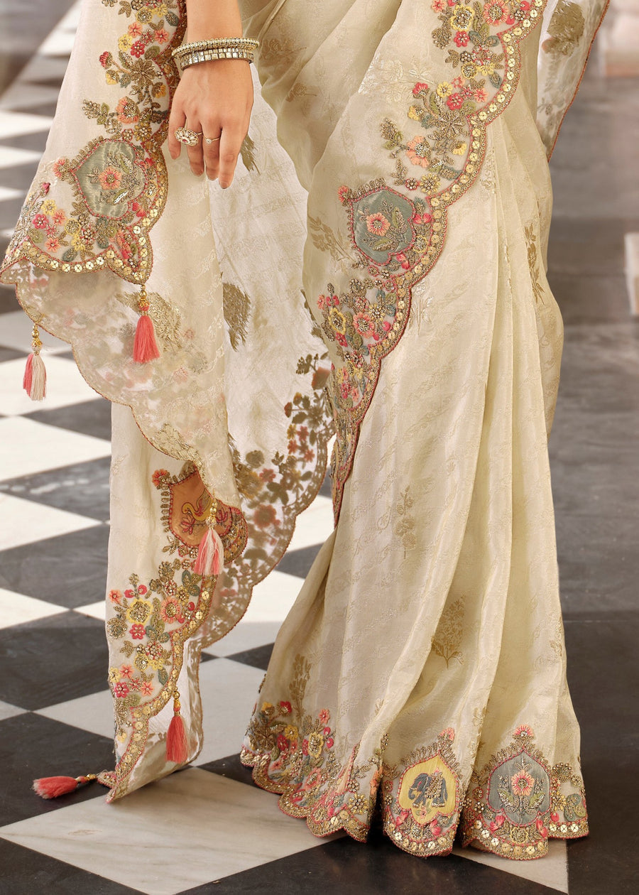 Ivory White Soft Banarasi Silk Embroidered Saree & Rose Pink Blouse