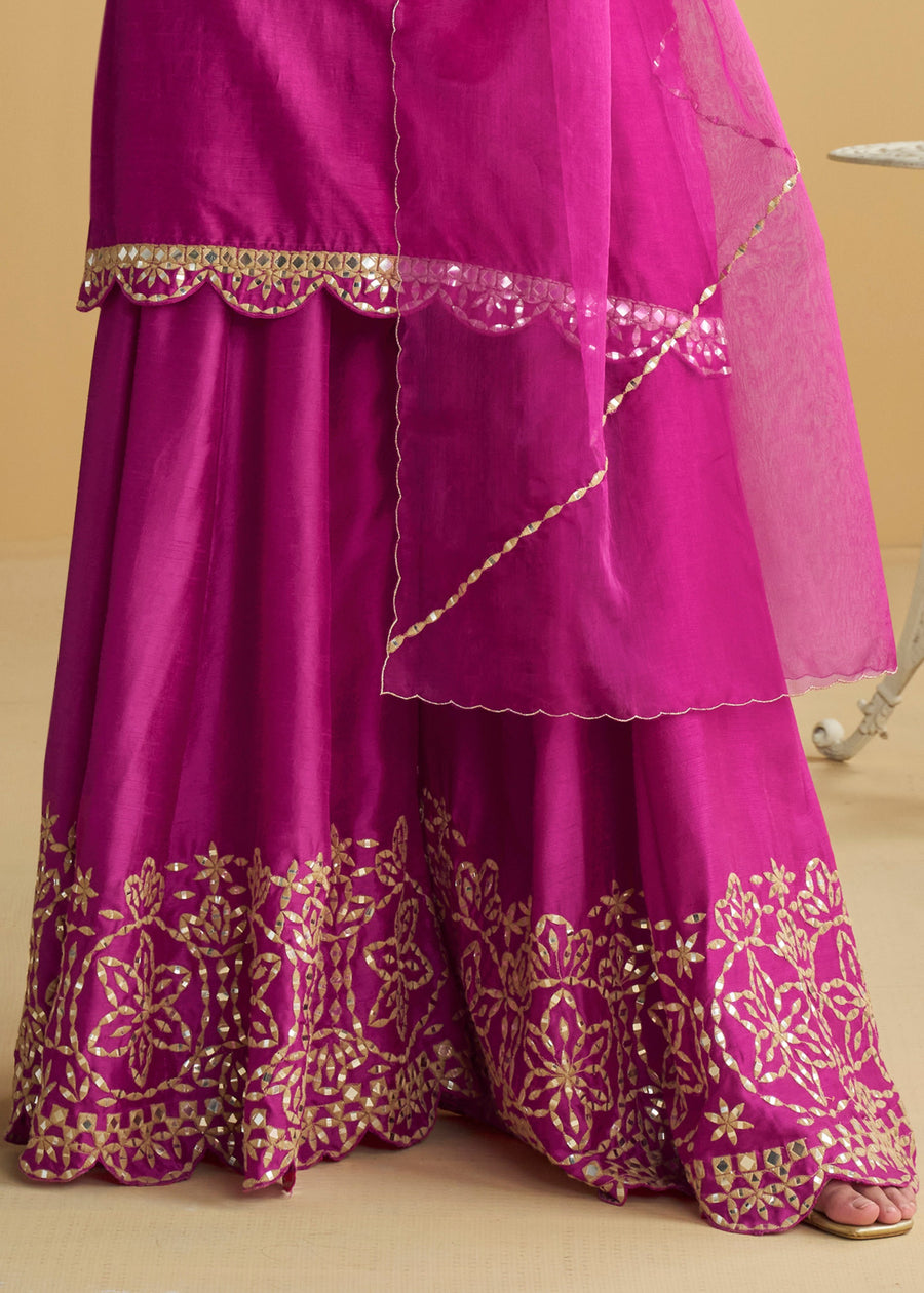 Fuchsia Pink Mirror Work Silk Ethnic Suit With Dupatta