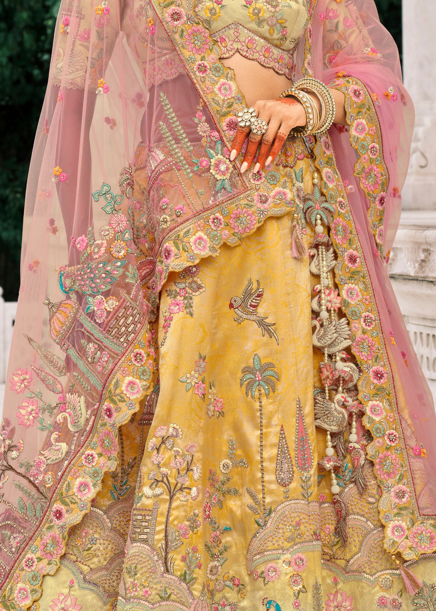 Yellow Embroidered Silk Lehenga Choli & Contrast Pink Dupatta