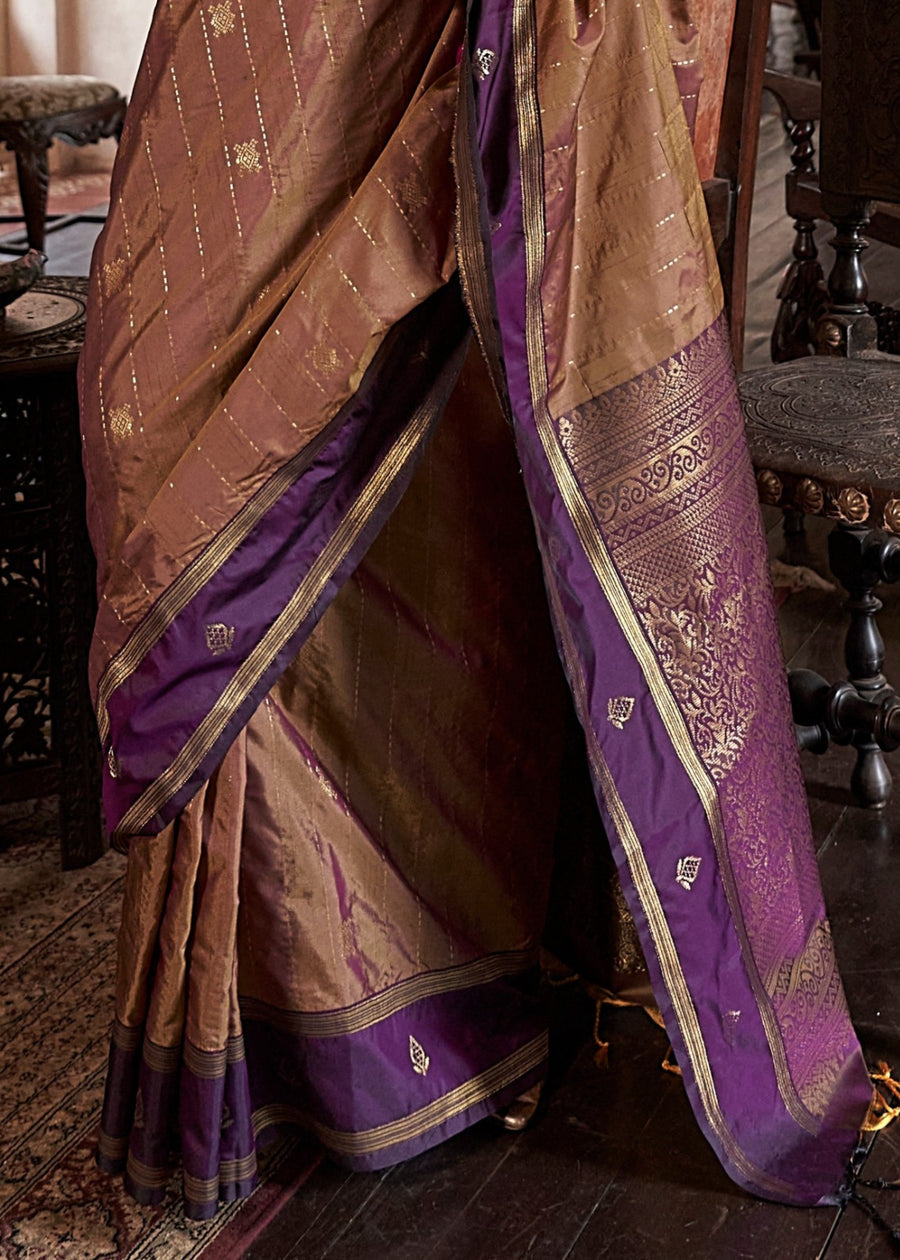 Pure Banarasi Tussar Silk Mud Brown & Violet Purple Handloom Saree