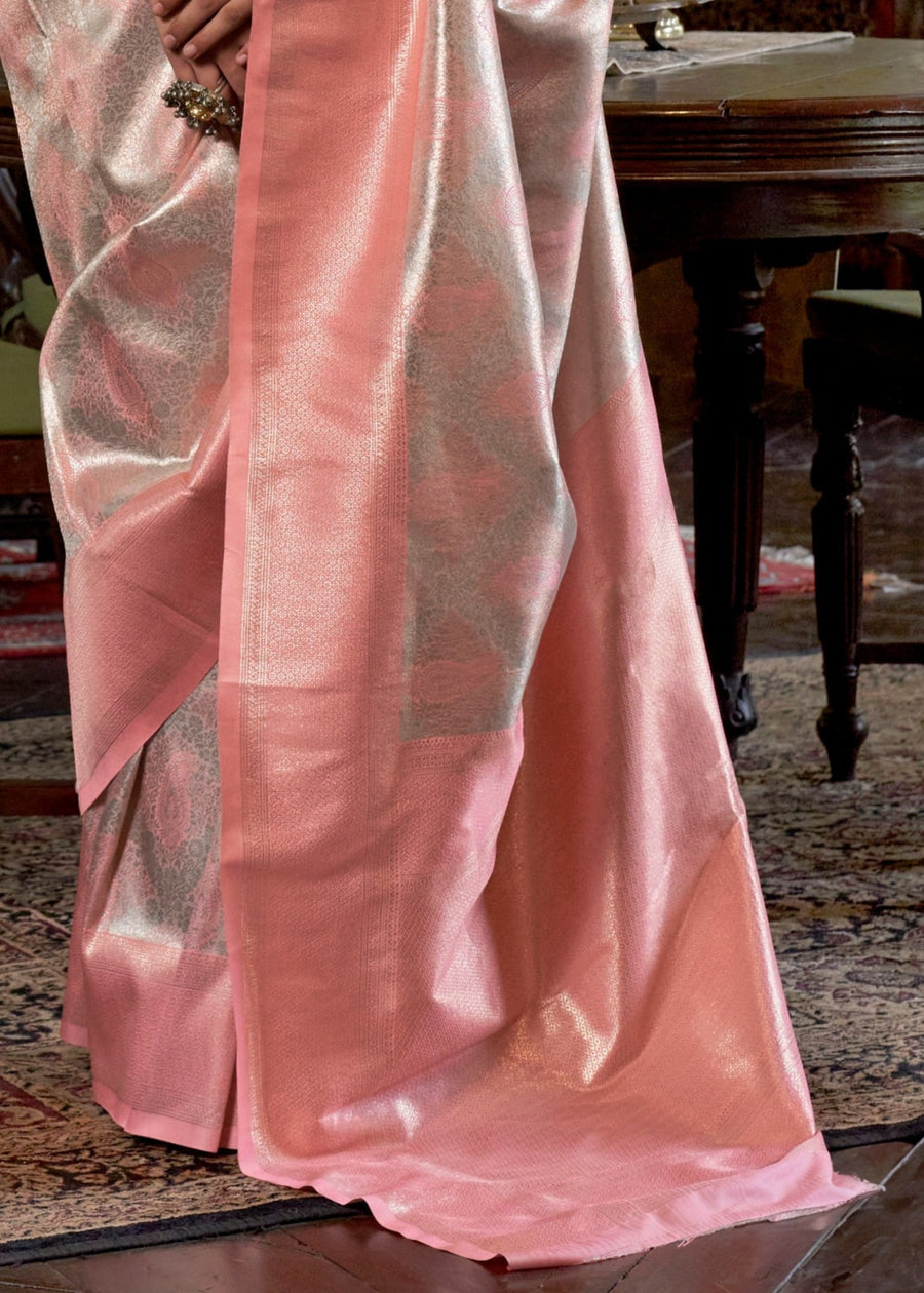 Peach Zari Work Handloom Weaving Kanjivaram Silk Saree