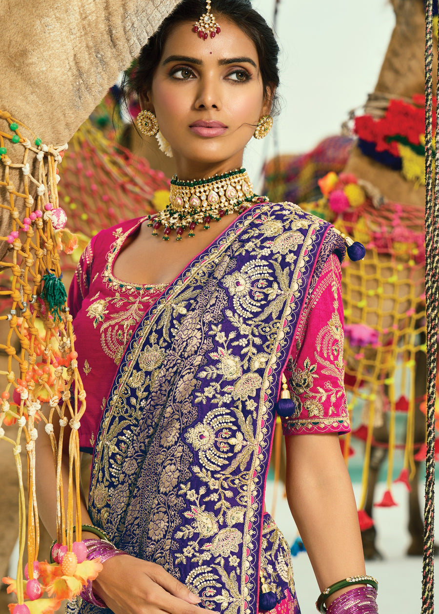 Orange Blue & Pink Multicolor Khaddi Georgette Embroidered Bandhani Saree