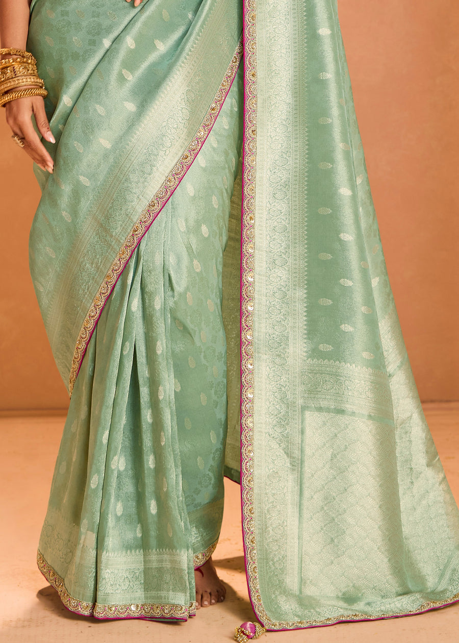 Pure Banarasi Tissue Silk Embroidered Mint Green Handloom Saree & Contrast Pink Blouse