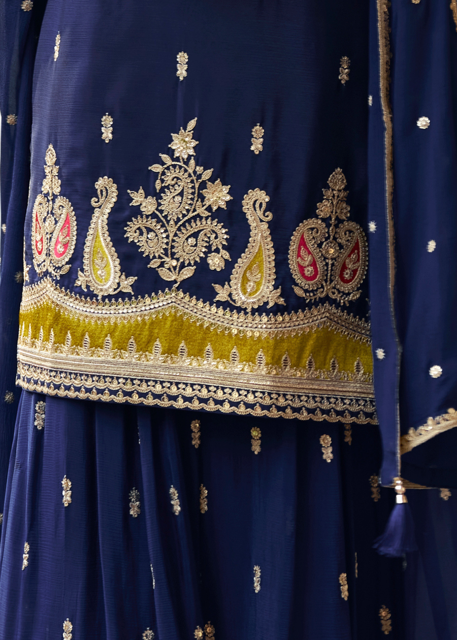 Designer Navy Blue Chinon Silk Sharara Suit Set With Dupatta