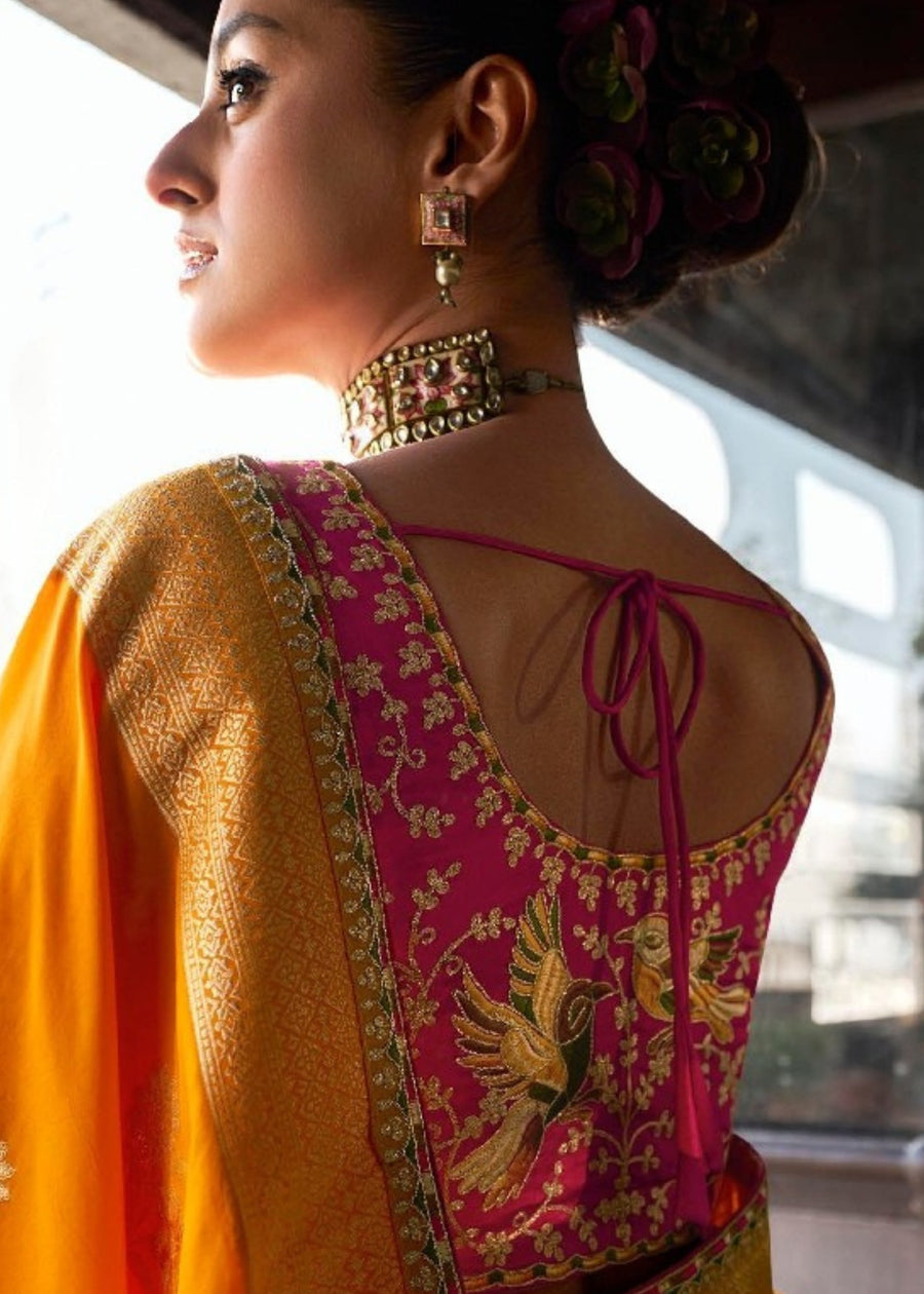 Banarasi Dola Silk Orange Saree & Pink Embroidered Blouse