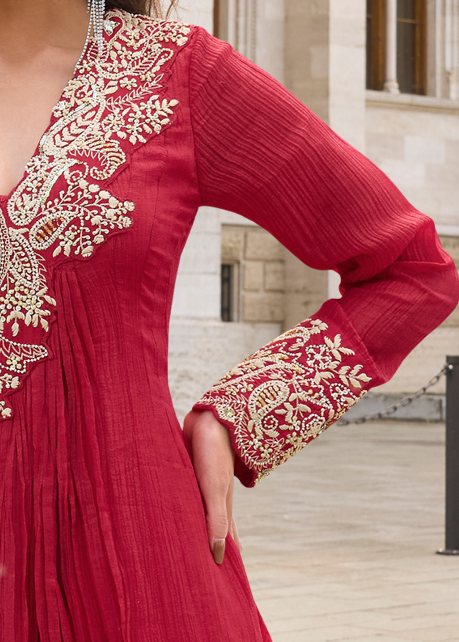 Red Anarkali Style Chinon Silk Gown Suit With Dupatta