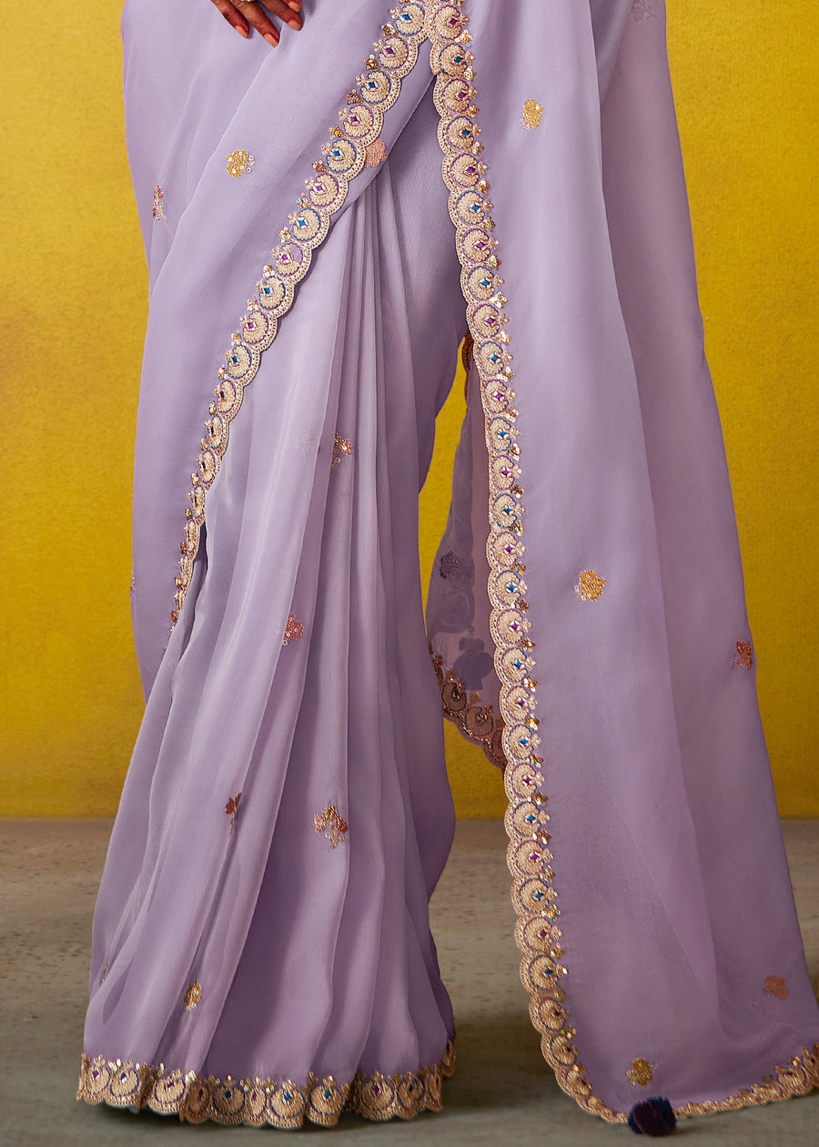 Lavender Purple Glass Tissue Silk Embroidered Saree & Blue Printed Blouse