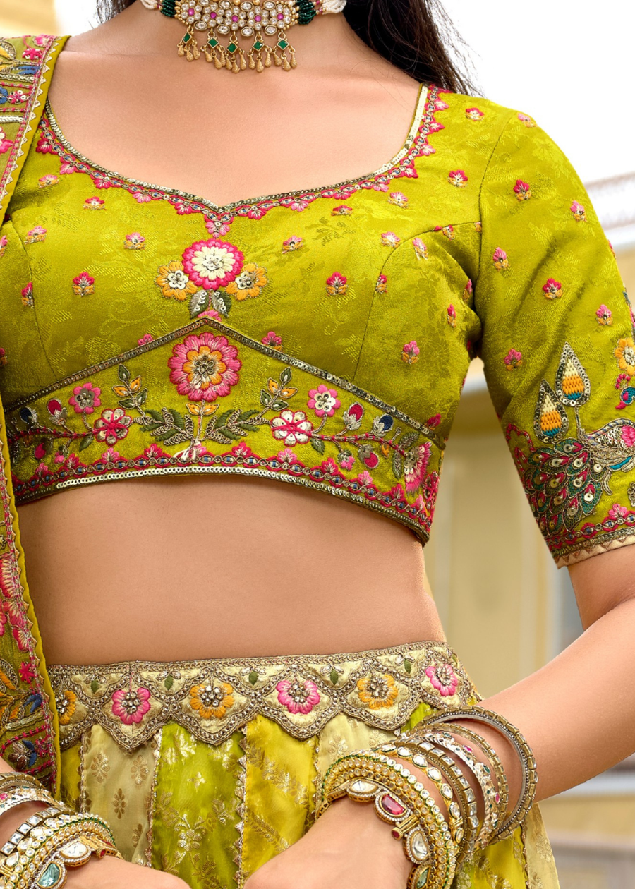 Lime Green & Yellow Silk Bridal Lehenga Choli