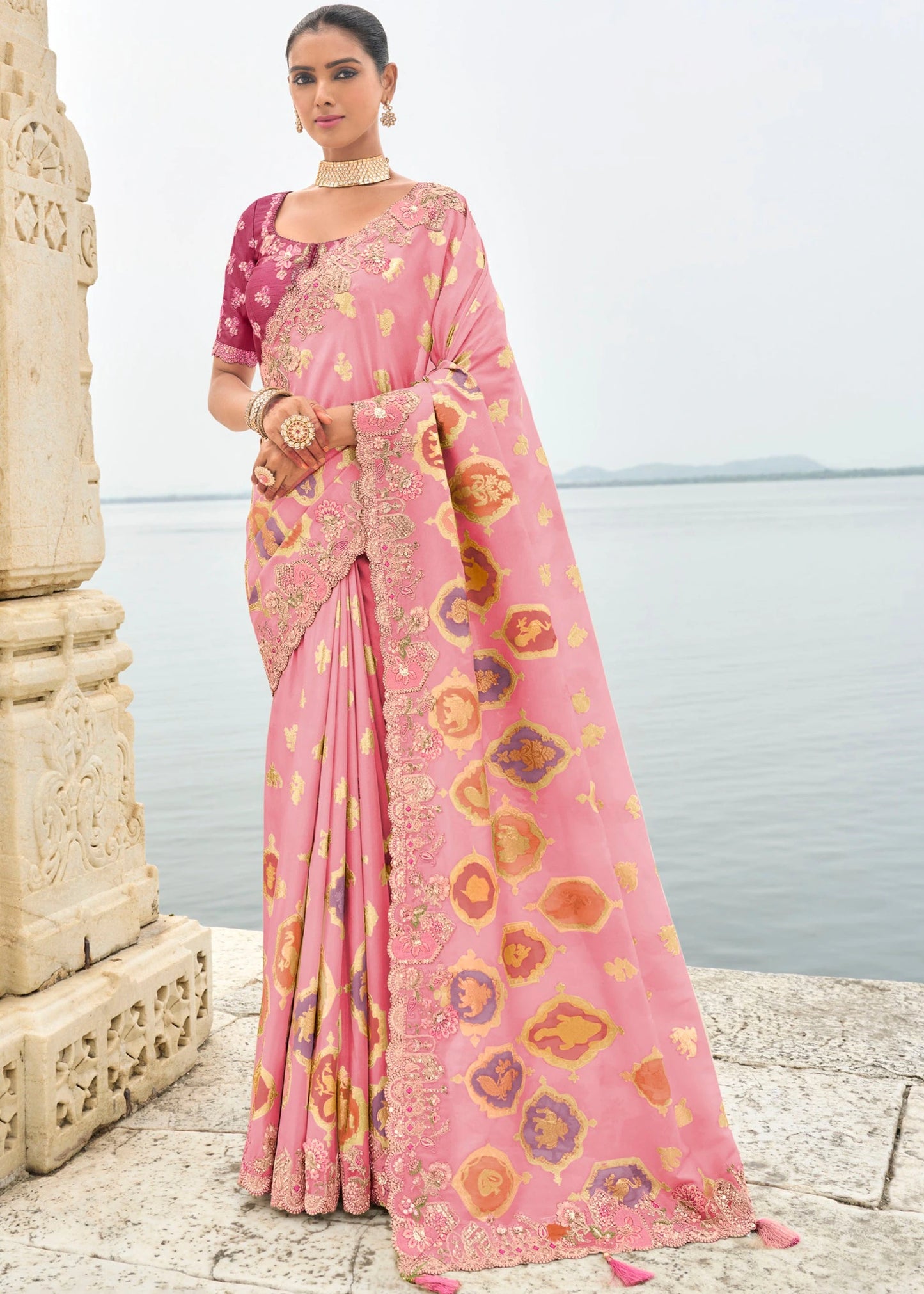 Banarasi Viscose Tissue Silk Off White Handloom Embroidered Saree With Cut Work Border