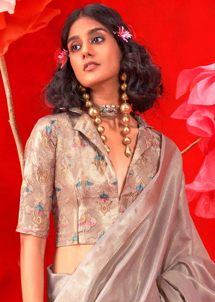 Grey Banarasi Tissue Silk Handloom Weaving Saree