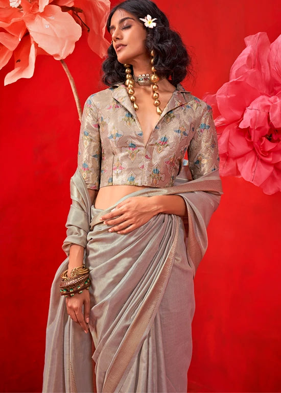 Grey Banarasi Tissue Silk Handloom Weaving Saree