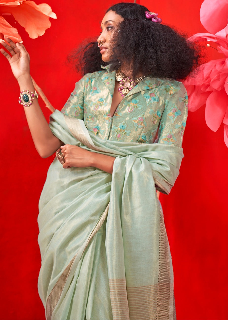 Ocean Green Banarasi Tissue Silk Handloom Weaving Saree