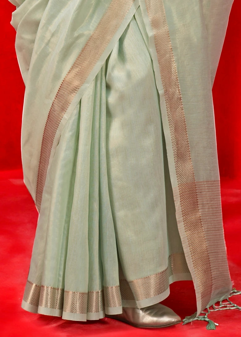 Ocean Green Banarasi Tissue Silk Handloom Weaving Saree