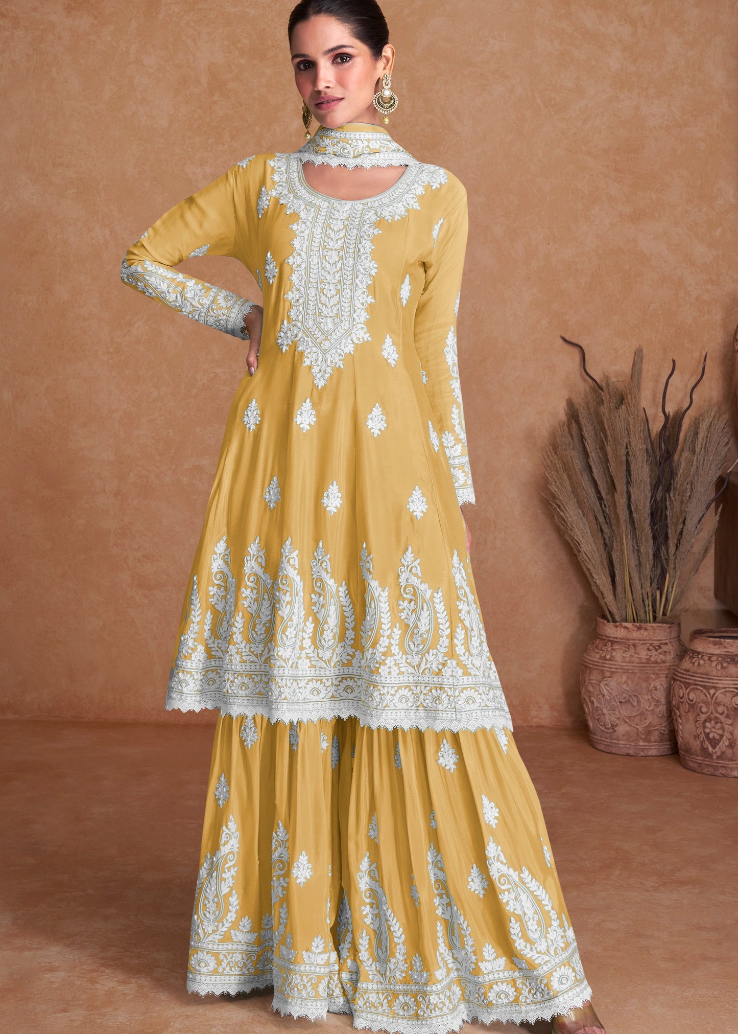 Mustard Yellow Readymade Silk Sharara Suit