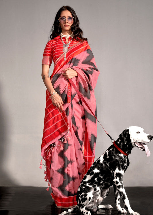 Rose Pink and Red Cotton Silk Handloom Saree