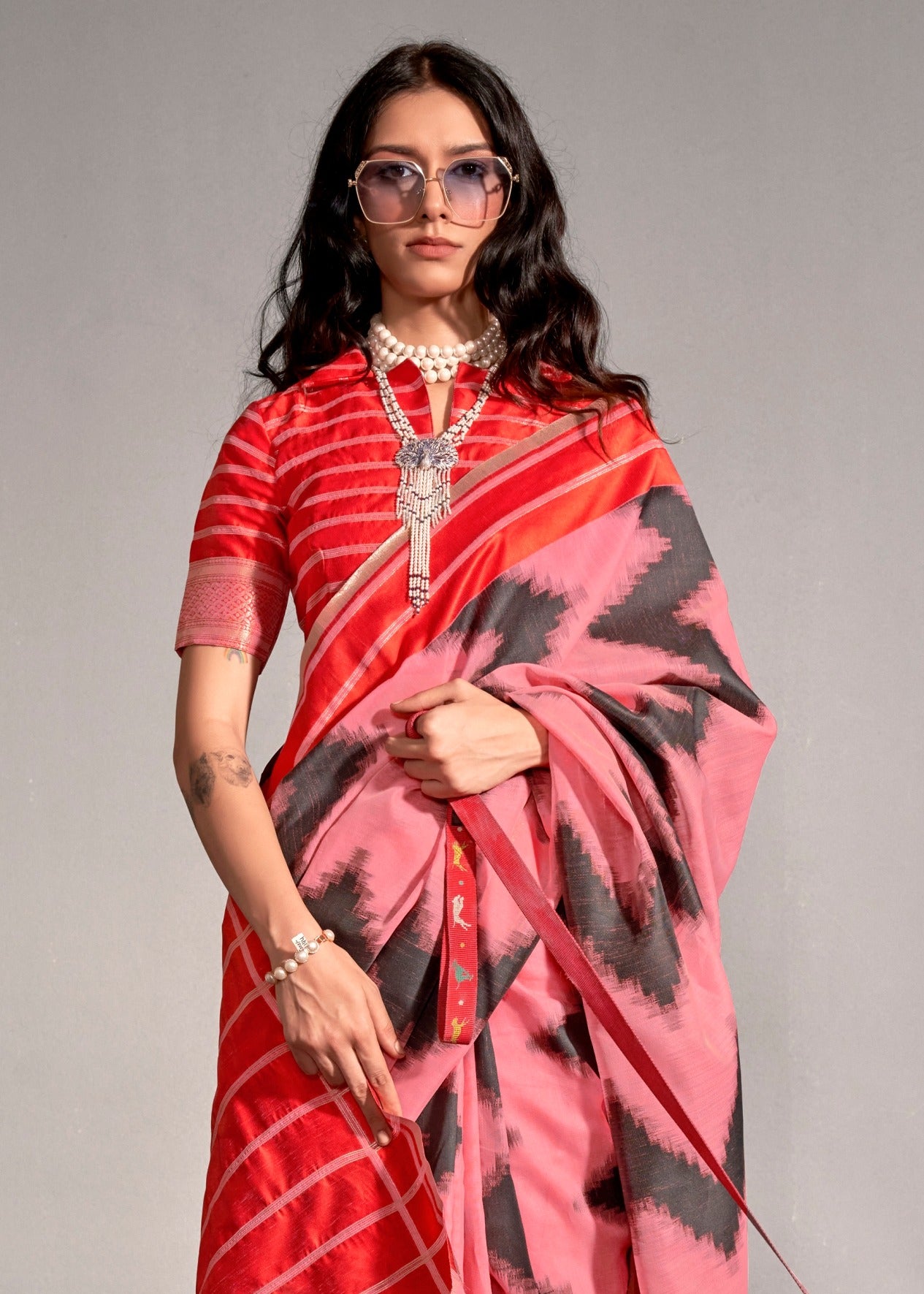 Rose Pink and Red Cotton Silk Handloom Saree