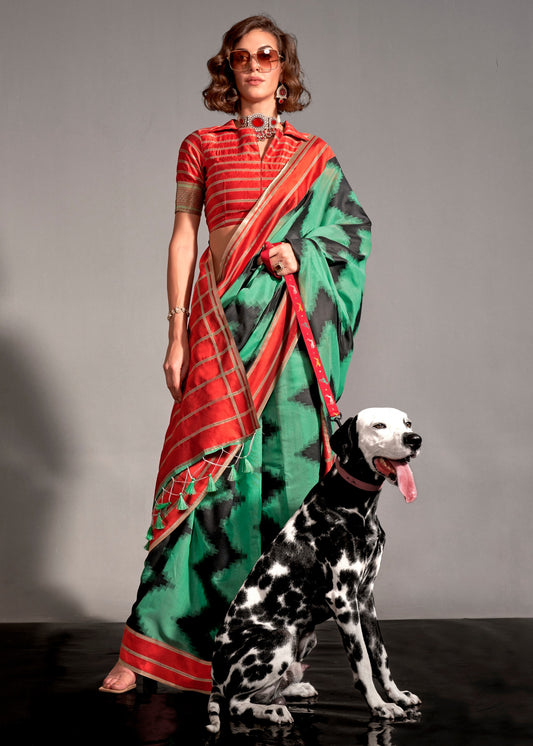 Light Green and Red Cotton Silk Handloom Saree