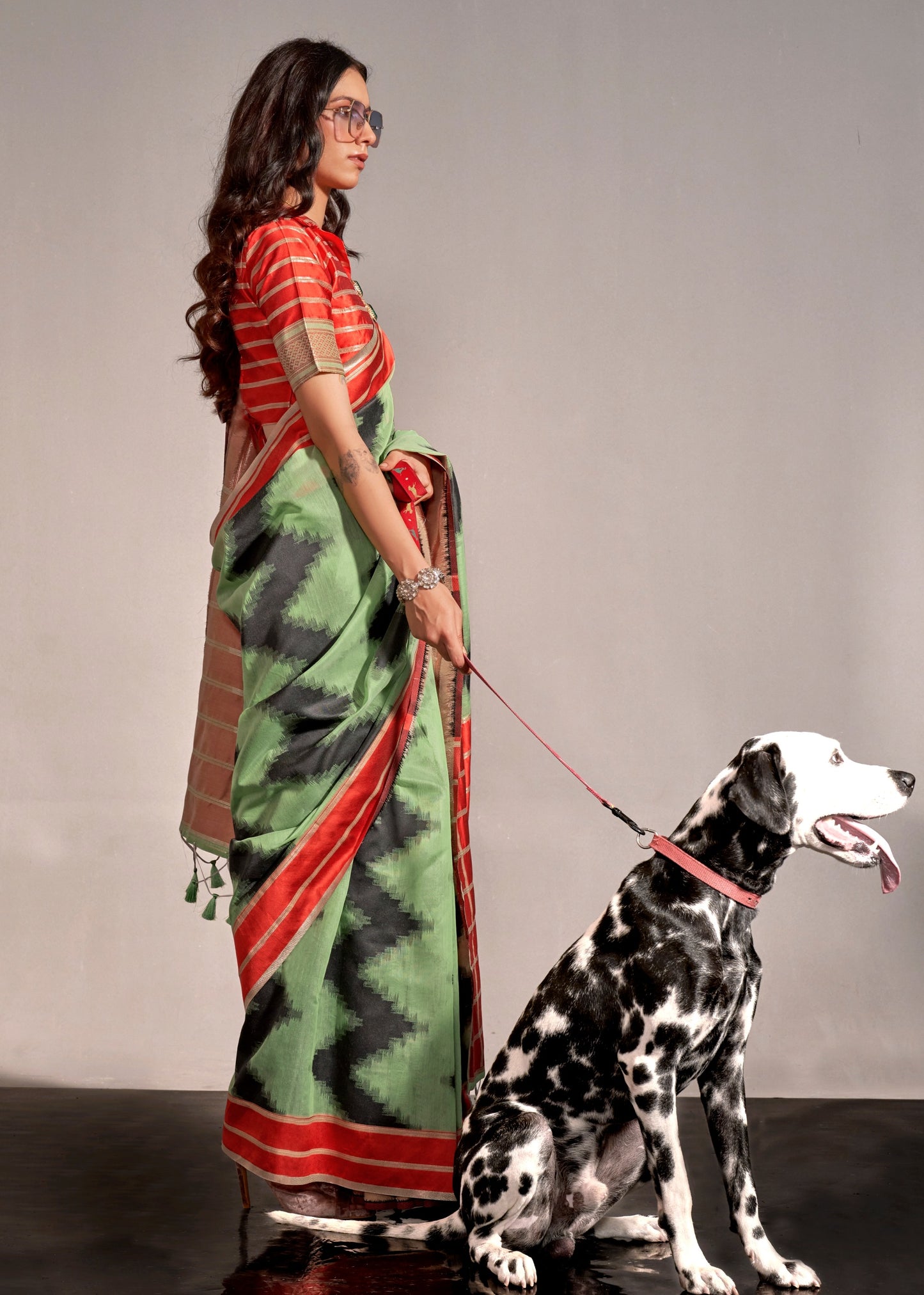 Lawn Green and Red Cotton Silk Handloom Saree