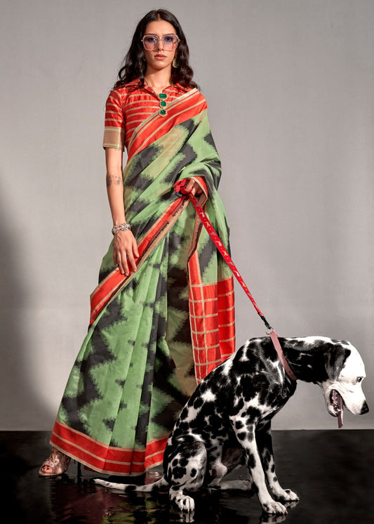 Lawn Green and Red Cotton Silk Handloom Saree