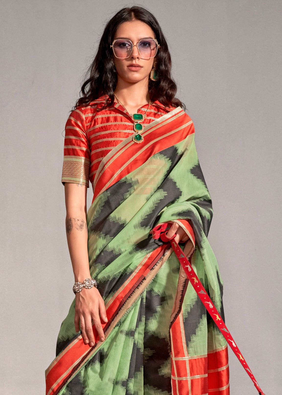 Lawn Green and Red Cotton Silk Handloom Saree