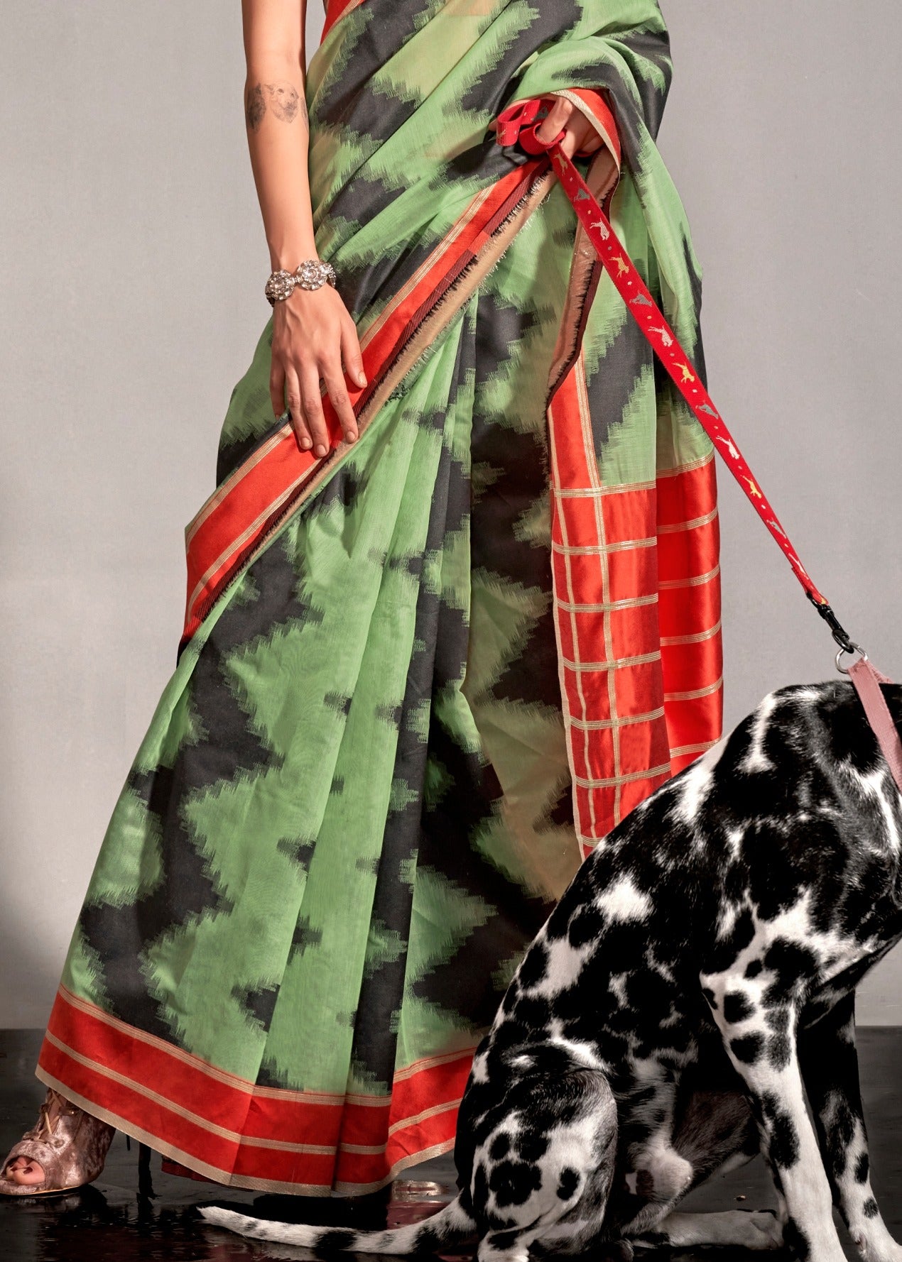 Lawn Green and Red Cotton Silk Handloom Saree