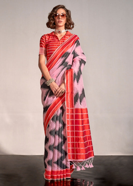 Pastel Pink and Red Cotton Silk Handloom Saree