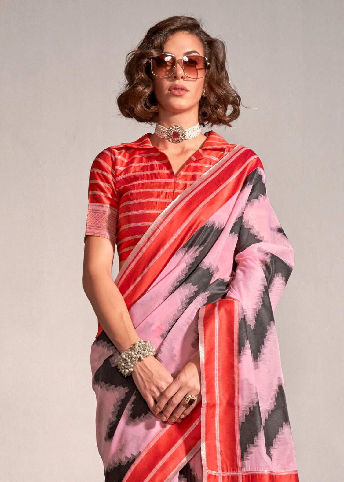Pastel Pink and Red Cotton Silk Handloom Saree