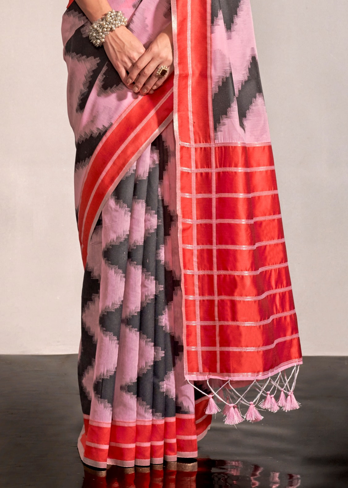 Pastel Pink and Red Cotton Silk Handloom Saree