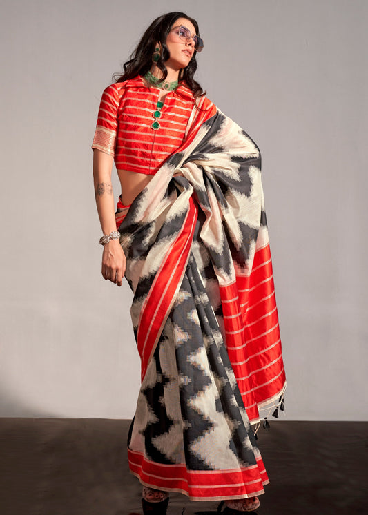 Off White and Red Cotton Silk Handloom Saree