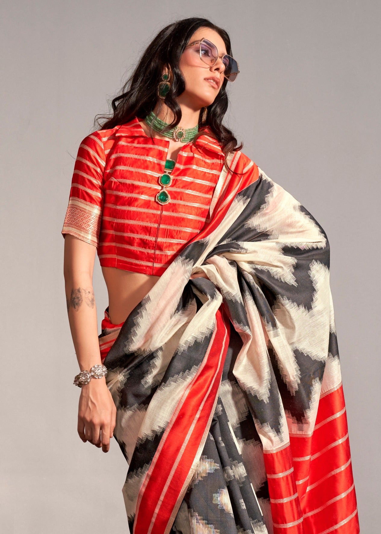 Off White and Red Cotton Silk Handloom Saree