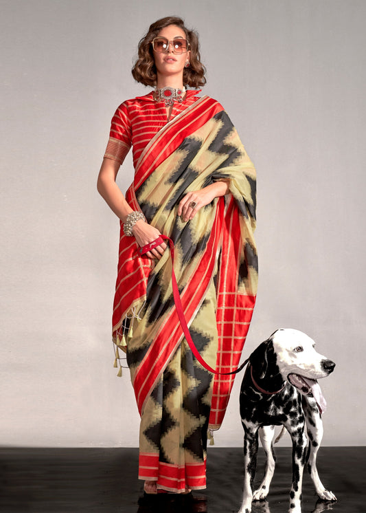 Yellow and Red Cotton Silk Handloom Saree