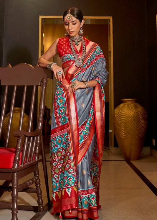 Grey and Red Patola Silk Saree