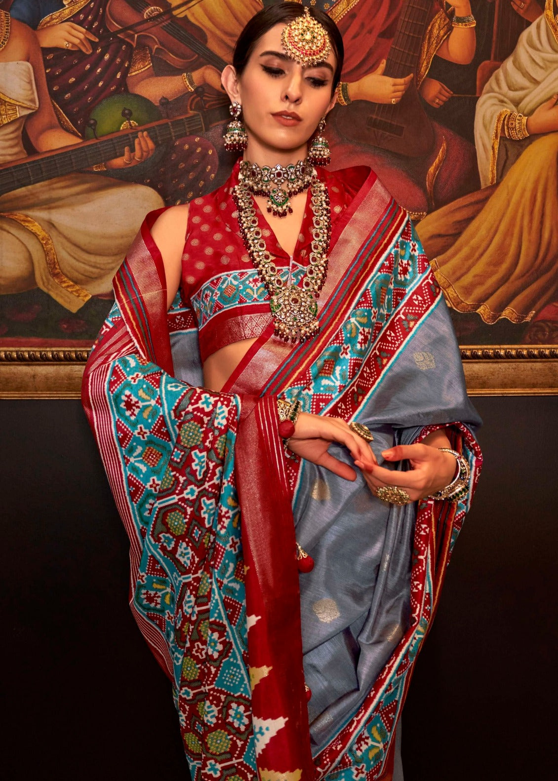 Grey and Red Patola Silk Saree