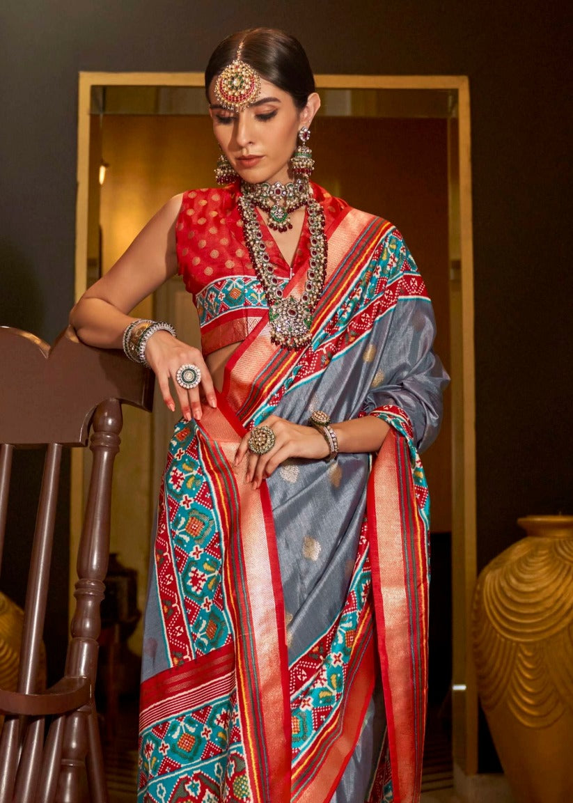 Grey and Red Patola Silk Saree