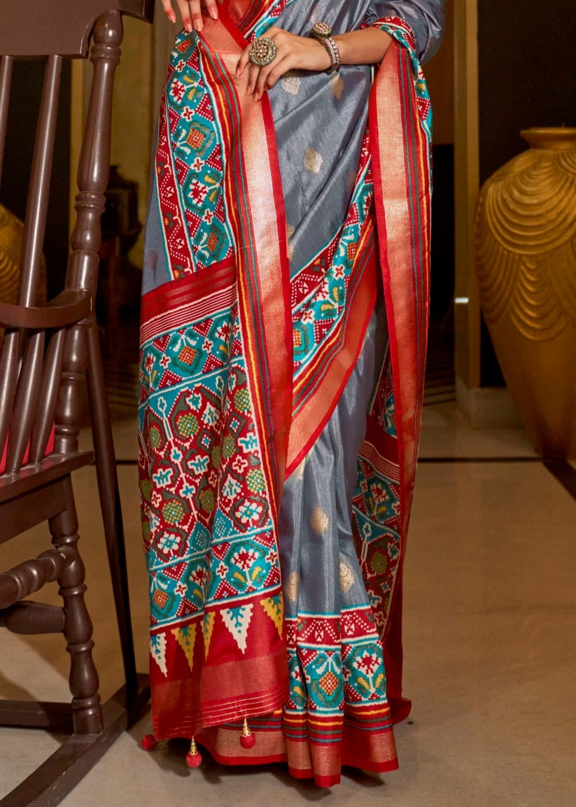 Grey and Red Patola Silk Saree