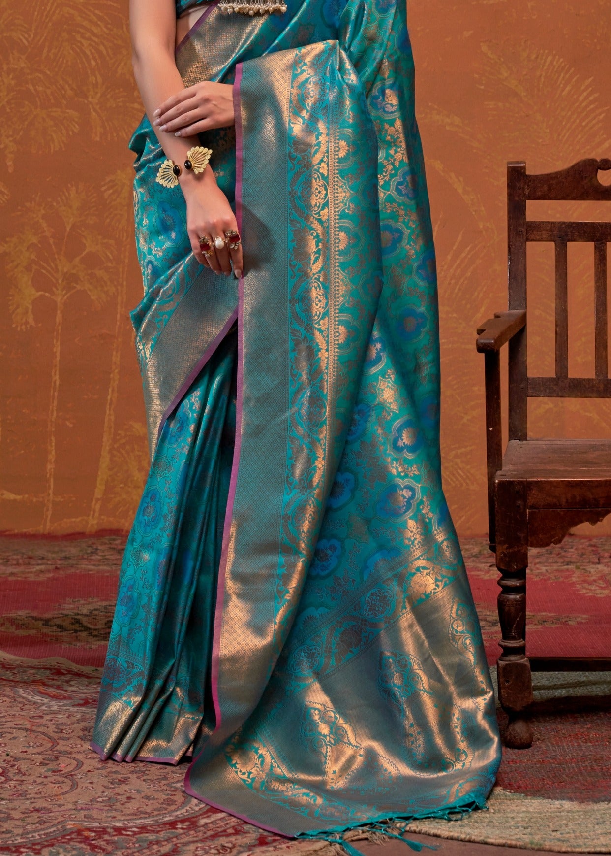 Pure Katan Silk Banarasi Handloom Turquoise Blue Saree