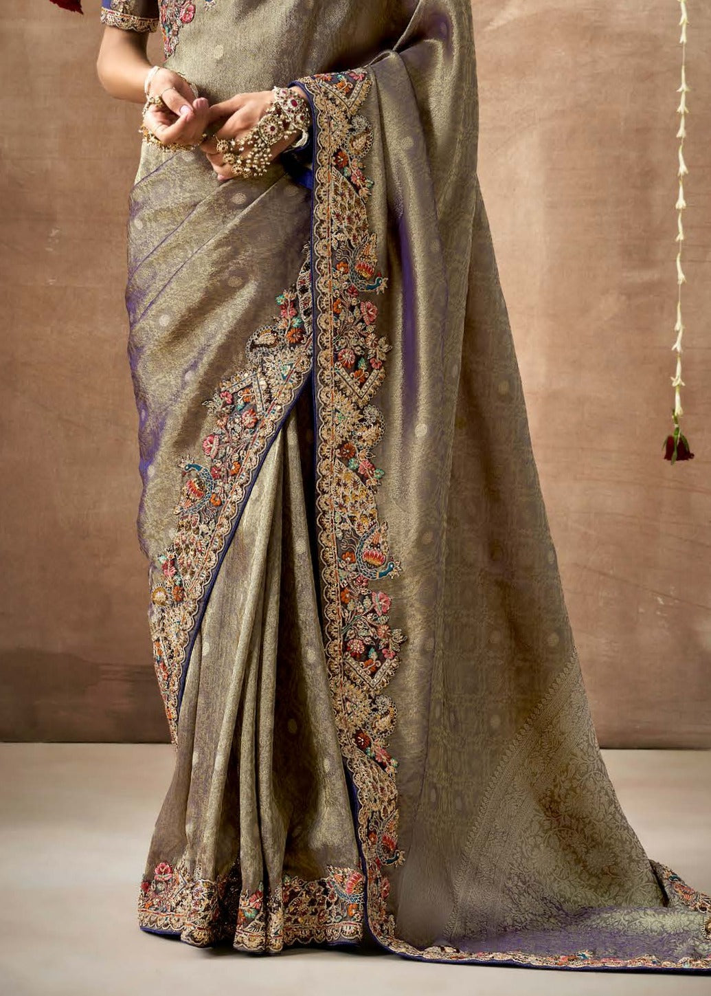 Banarasi Tissue Silk Hand Embroidery Work Charcoal Grey Saree