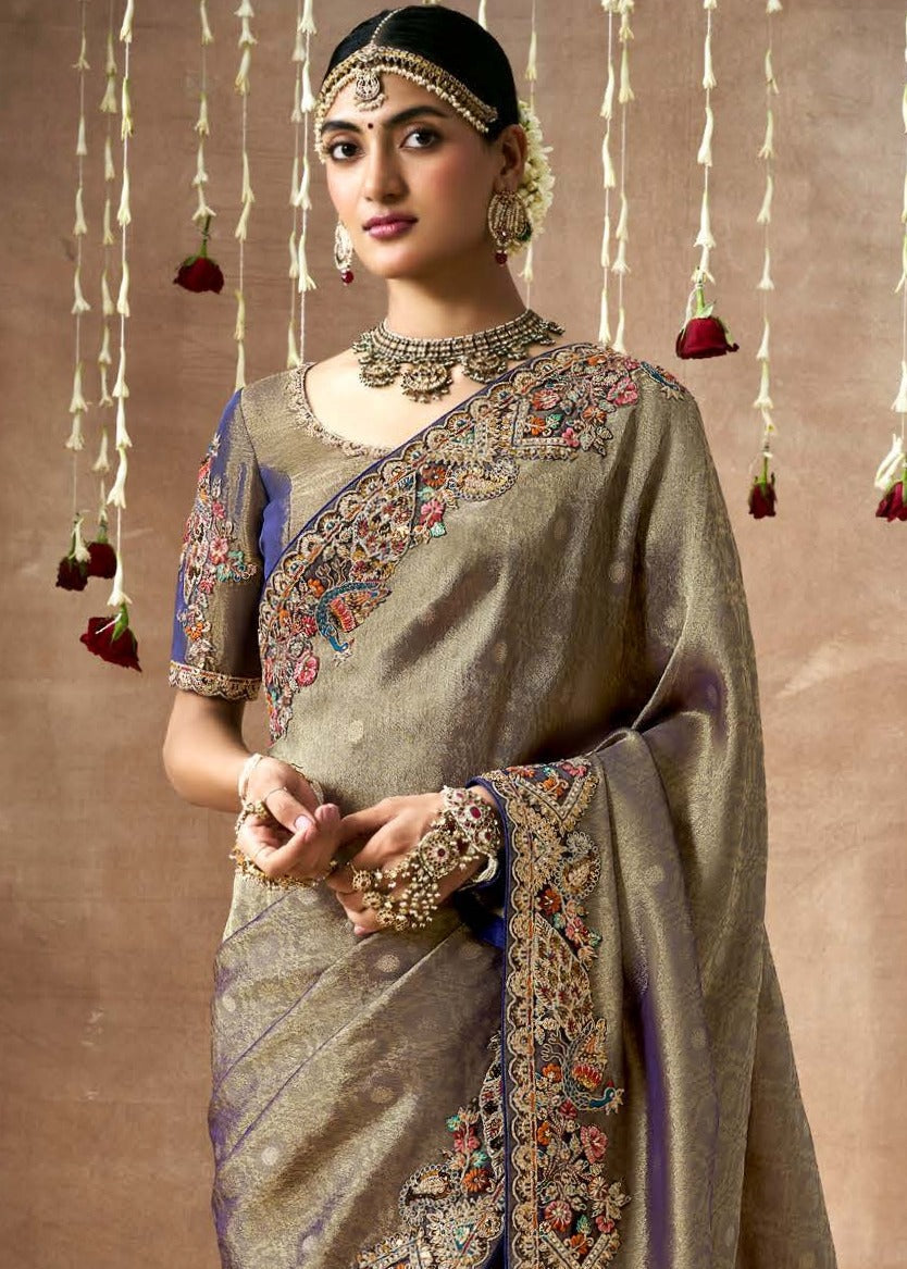 Banarasi Tissue Silk Hand Embroidery Work Charcoal Grey Saree