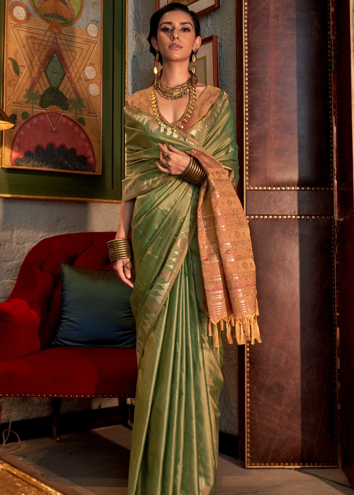 Pure Handloom Tussar Silk Lawn Green Saree