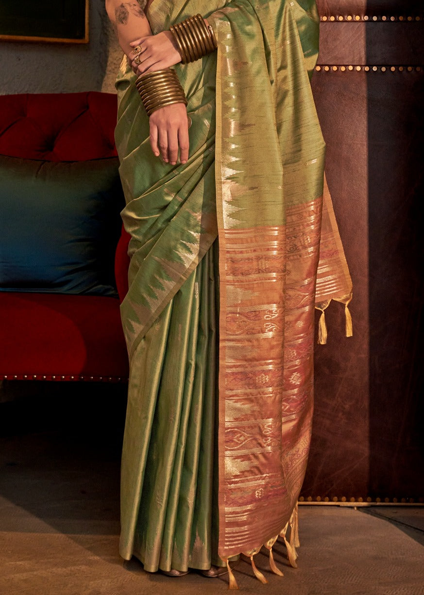 Pure Handloom Tussar Silk Lawn Green Saree