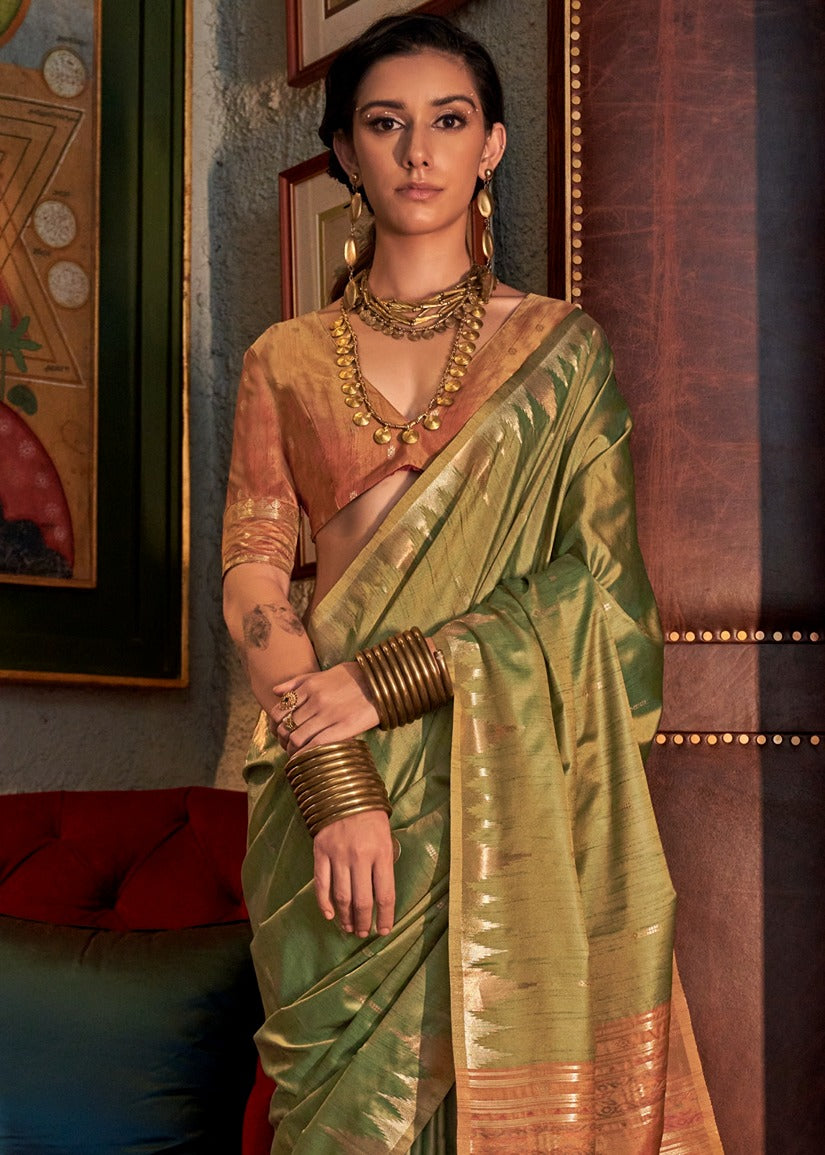 Pure Handloom Tussar Silk Lawn Green Saree