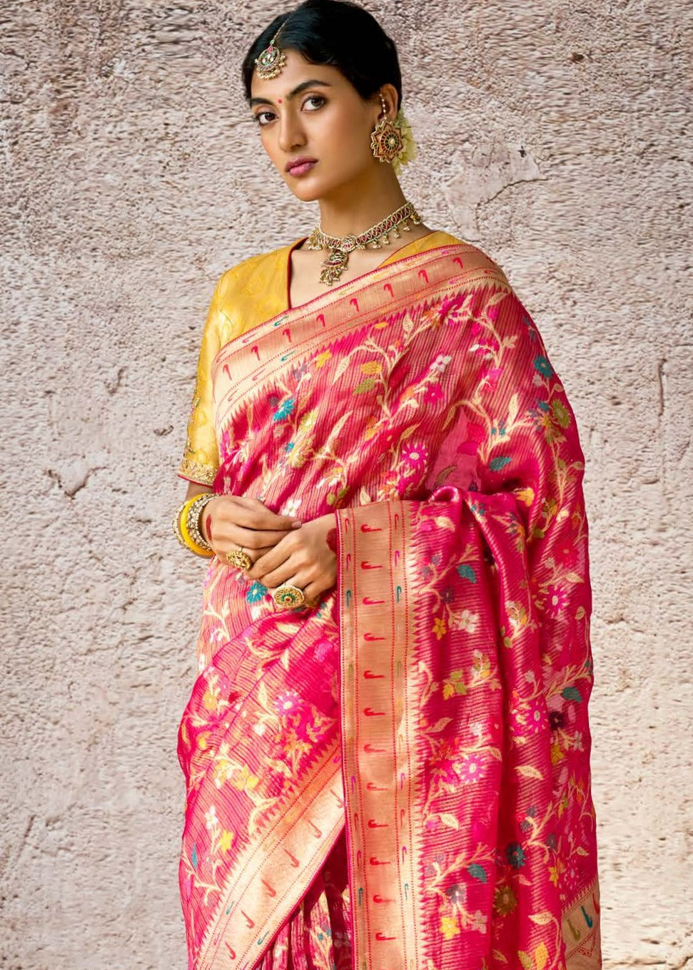 Kora Banarasi Silk Pink Handloom Saree With Embroidered Blouse