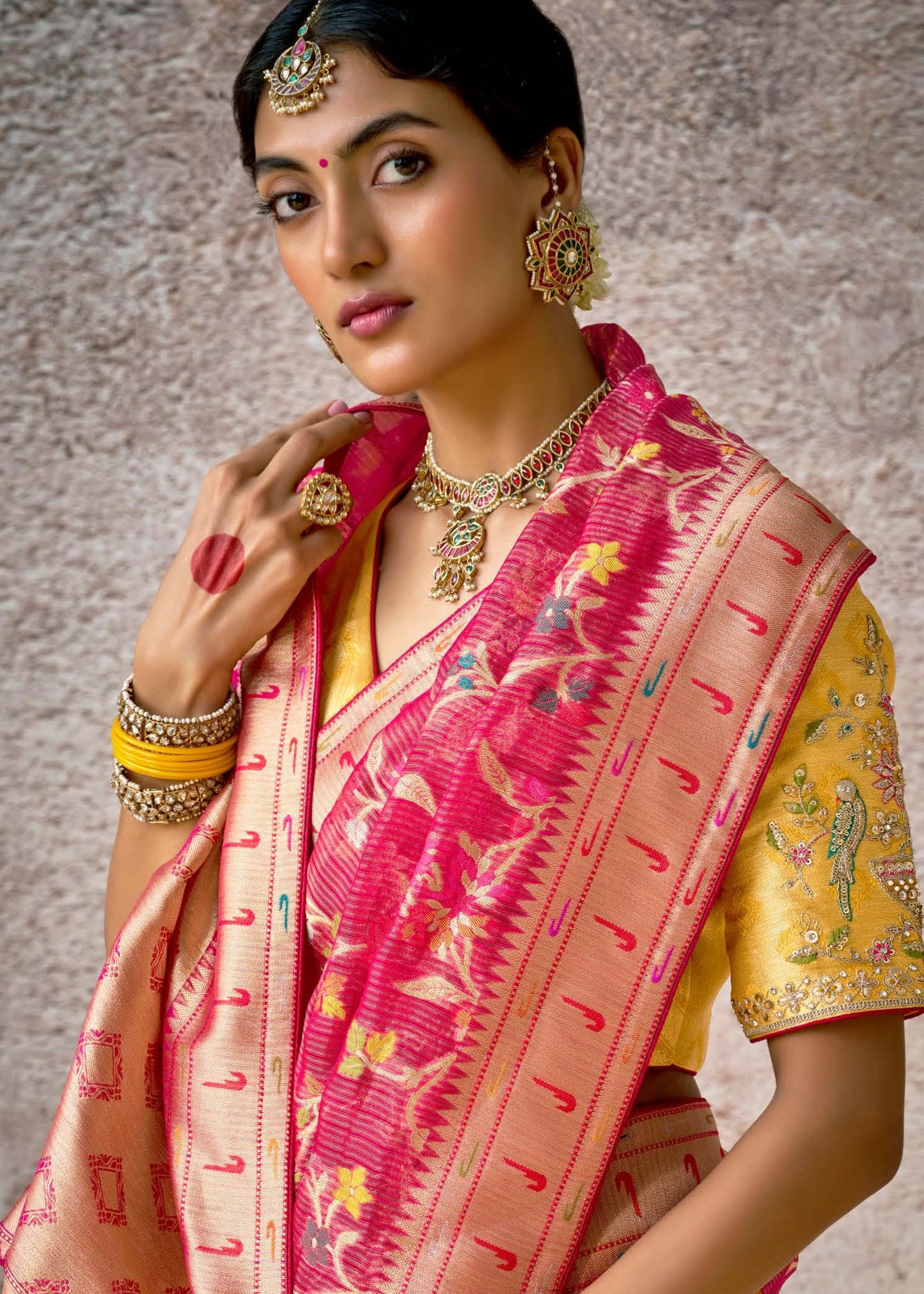 Kora Banarasi Silk Pink Handloom Saree With Embroidered Blouse