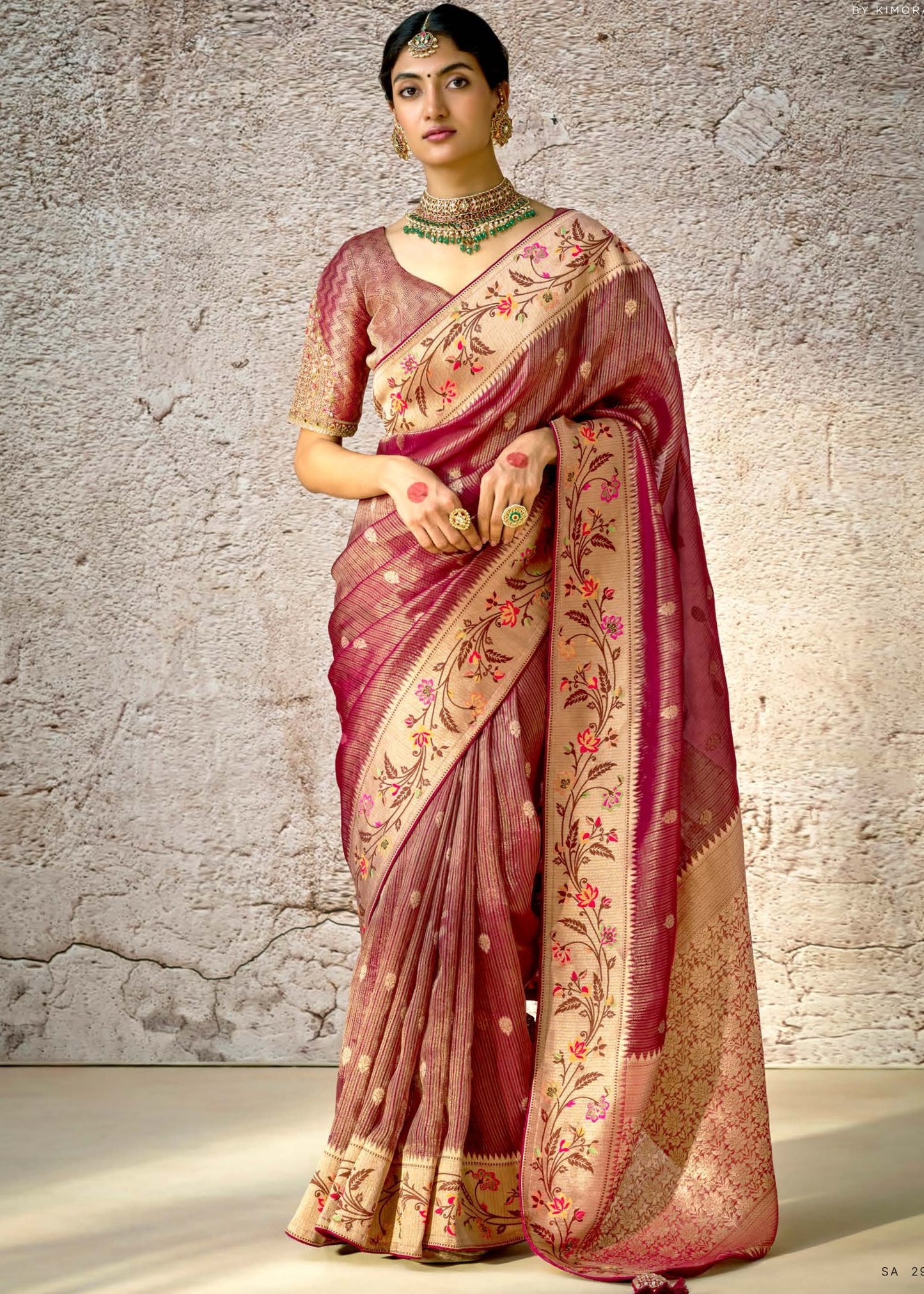 Kora Banarasi Silk Maroon Red Handloom Saree With Embroidered Blouse