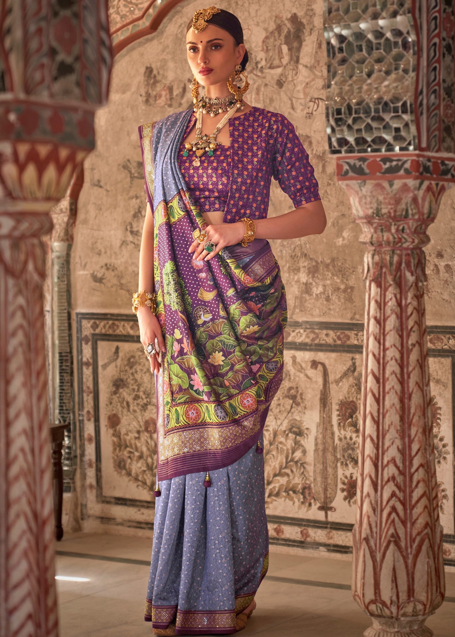 Purple Kalamkari Bandhani Fusion Silk Saree With Stud Work