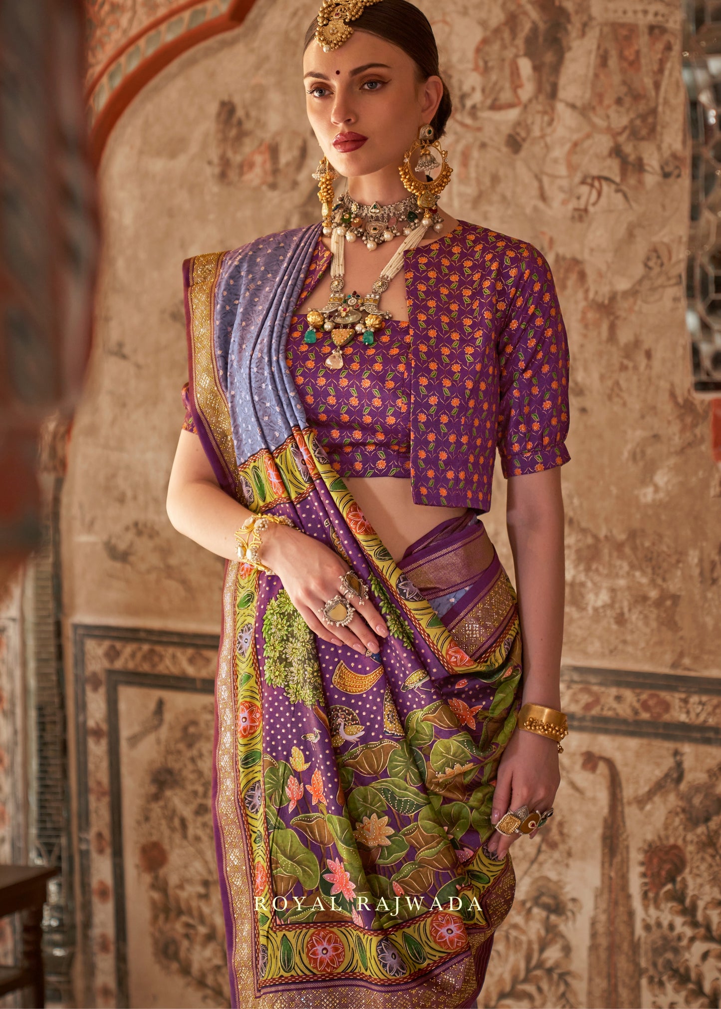 Purple Kalamkari Bandhani Fusion Silk Saree With Stud Work