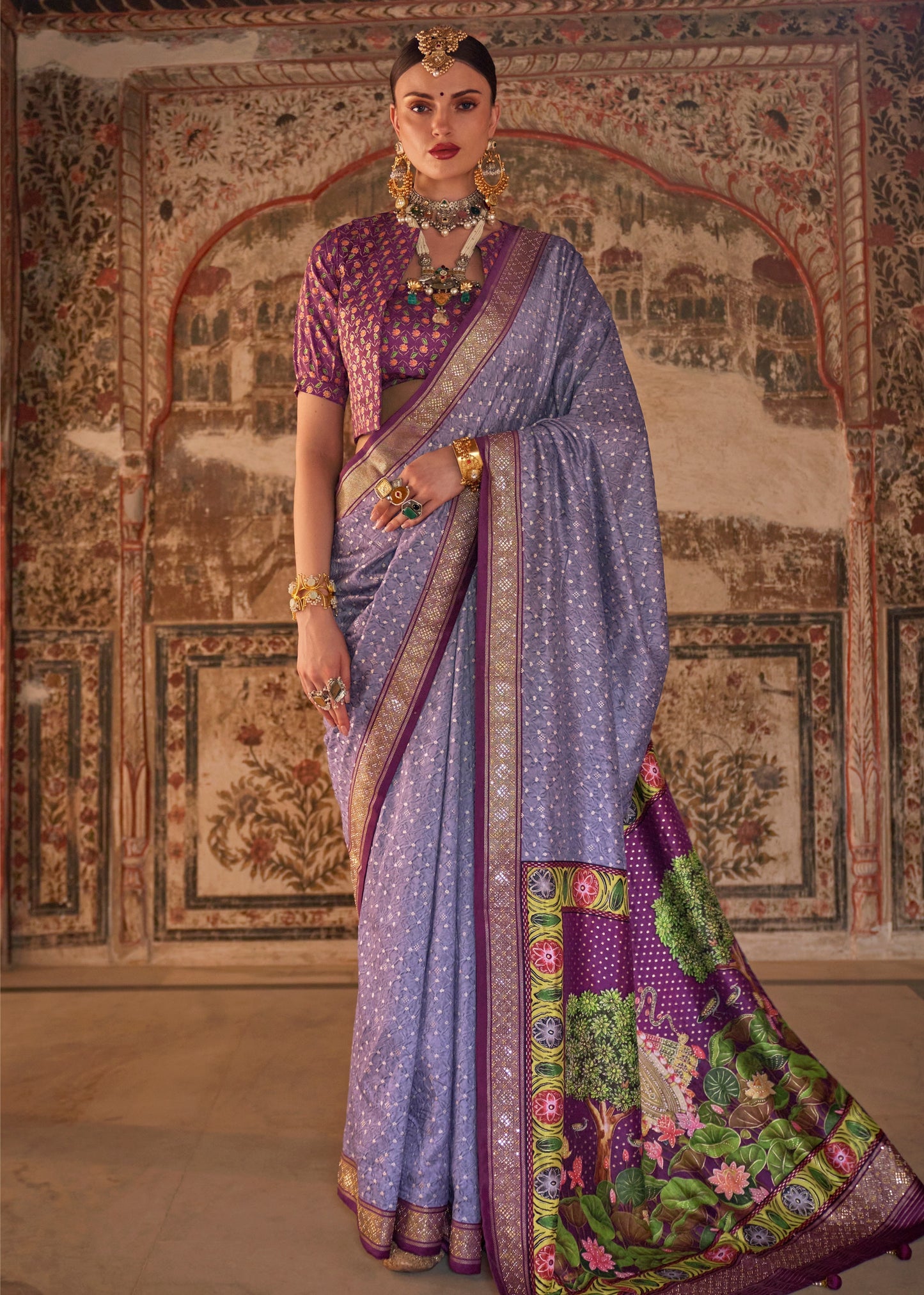 Purple Kalamkari Bandhani Fusion Silk Saree With Stud Work