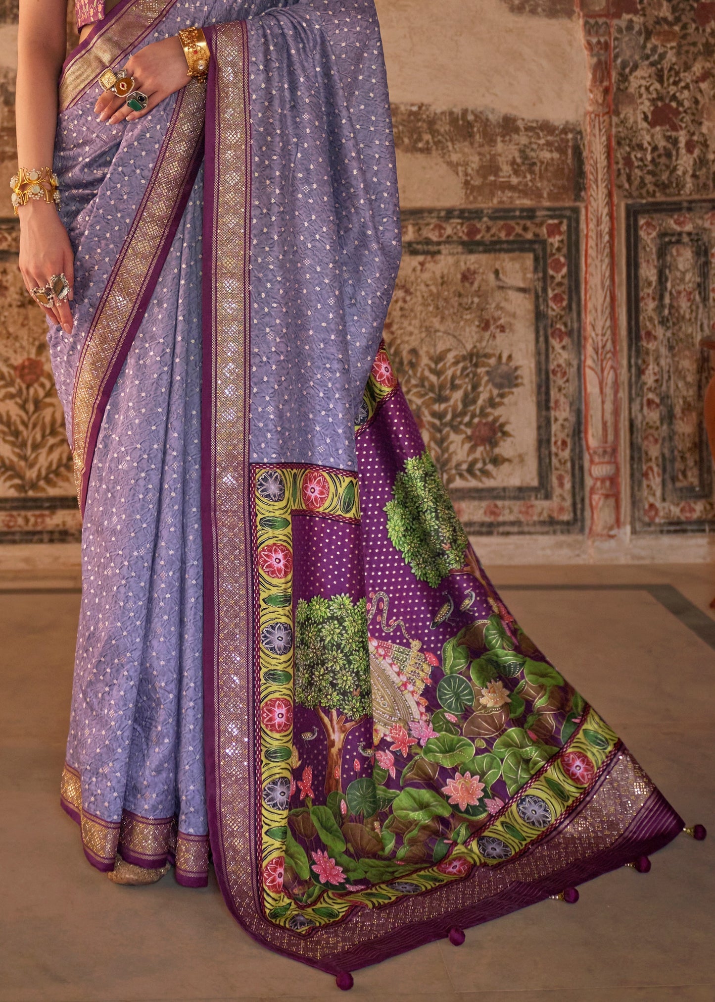 Purple Kalamkari Bandhani Fusion Silk Saree With Stud Work