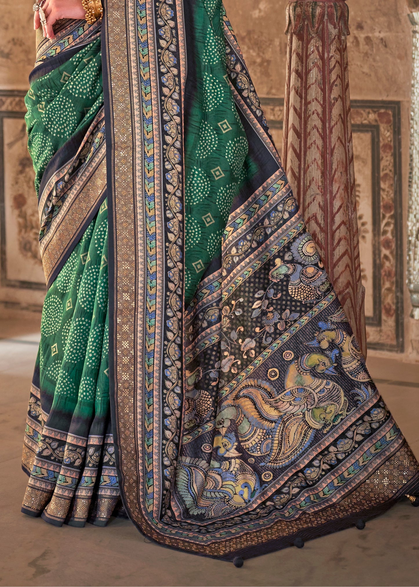 Green Kalamkari Bandhani Fusion Silk Saree With Stud Work