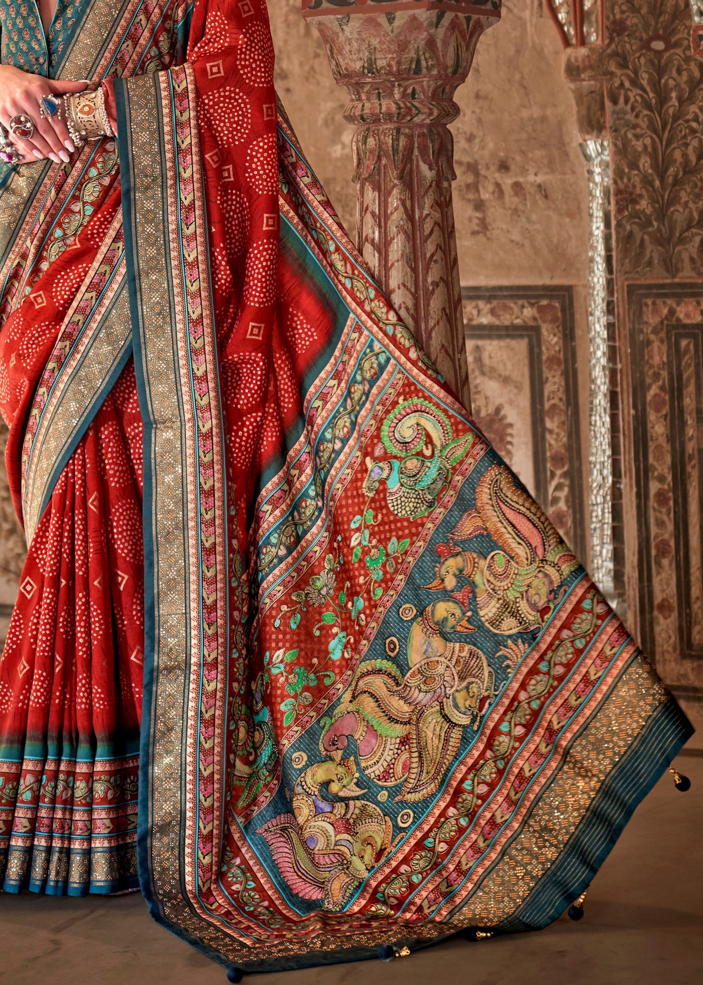 Red Kalamkari Bandhani Fusion Silk Saree With Stud Work